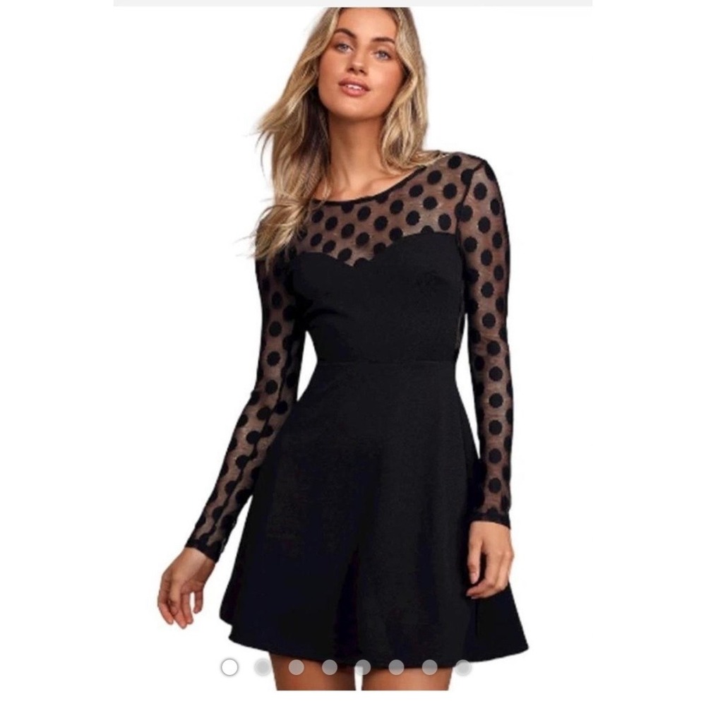 Lulus In Hot Dot-ter Black Polka Dot Mesh Long Sleeve Skater Mini Dress Small